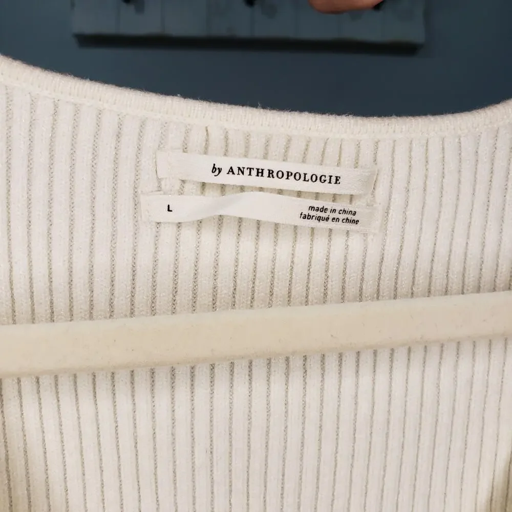 Anthropologie Ivory Ribbed Wrap Top Puff Sleeve Long Sleeve Women's L